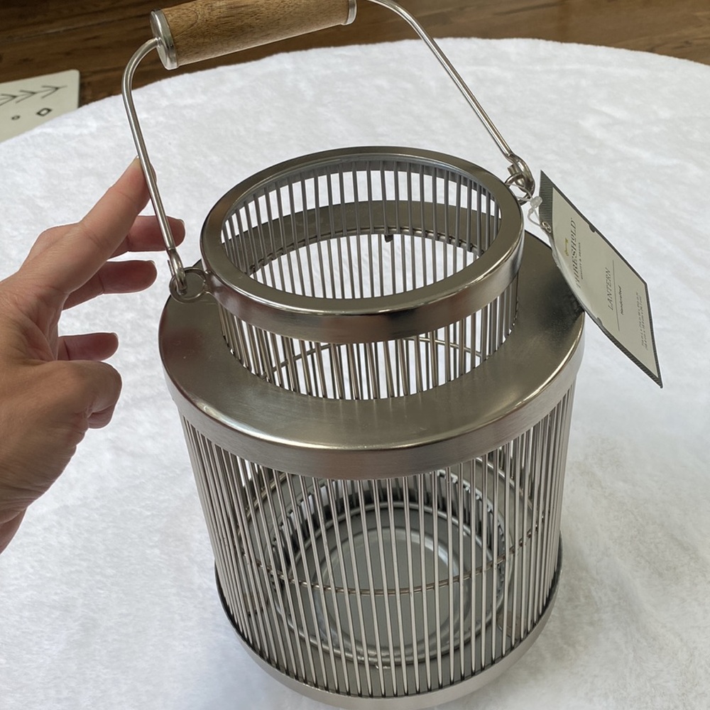 NWT! Threshold silver lantern with wooden handle (9.5 in height)